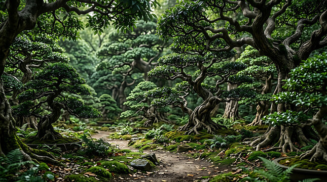 Misty Forest Path With Ancient Tree Roots.