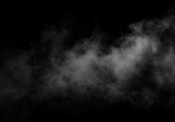 Obraz premium Wispy white smoke or steam billowing against a dark black background, creating an atmospheric texture or overlay effect for design projects.