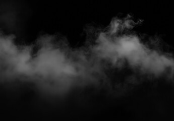 Fototapeta premium Wispy white smoke or steam cloud isolated on a black background, perfect for overlay effects.