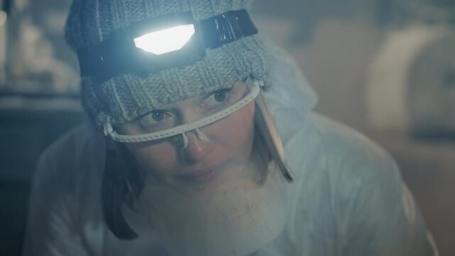 White female technician with headlamp examines small vial and specimen on table beanie and goggles, careful sterile handling, indoor frost and soft cold light, meticulous testing in abandoned shelter,