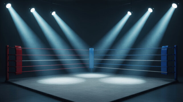 Empty boxing ring with bright spotlights in a dark arena