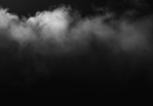 Abstract white smoke or fog rolling across the top against a black background, perfect for overlay effects and atmospheric designs.