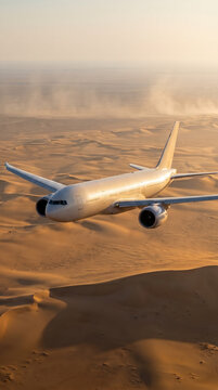 Wide-Body Passenger Aircraft Flying Over Desert at Sunset