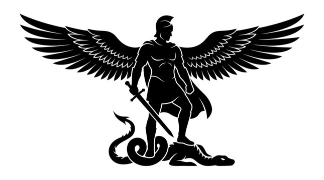 Archangel Michael Silhouette Defeating Dragon with Sword, white background 