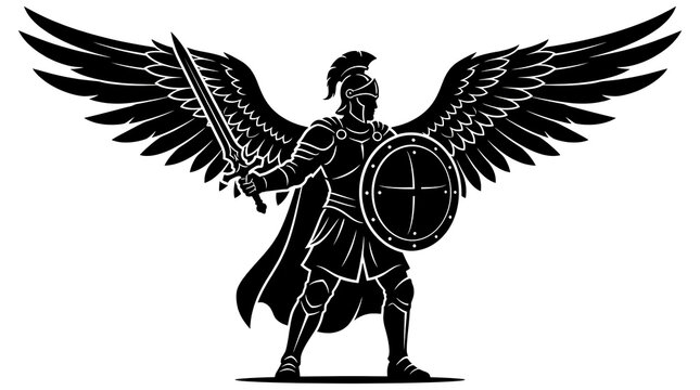 Powerful silhouette of Archangel Michael with sword and shield on white background 
