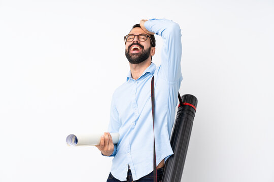 Young architect man with beard over isolated white background has realized something and intending the solution