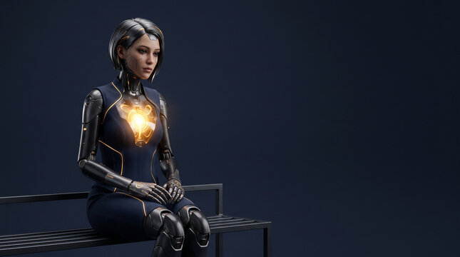 Female android robot with short hair sitting on a bench with a glowing orange light core in ad social media download thambnail poster web template event festival 2026 2027 2028