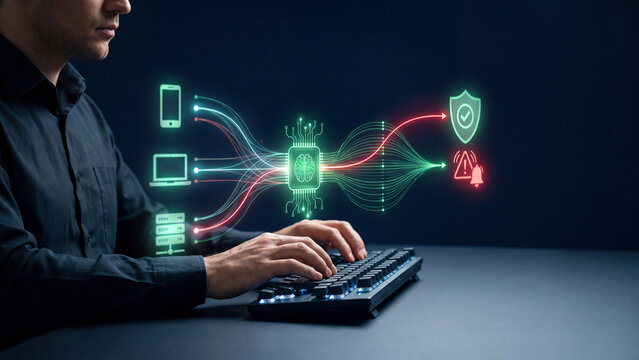 AI network traffic analysis and threat classification concept, man typing on keyboard with smartphone, laptop and server data streams into AI chip, shield and alert for cybersecurity