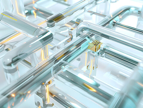 Macro close up of advanced hardware circuitry with glowing golden microchips and digital processors, agentic ai tech, 3d render