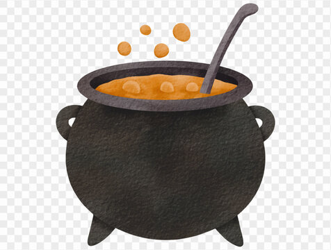 Halloween cauldron with bubbling potion watercolor Vector.
