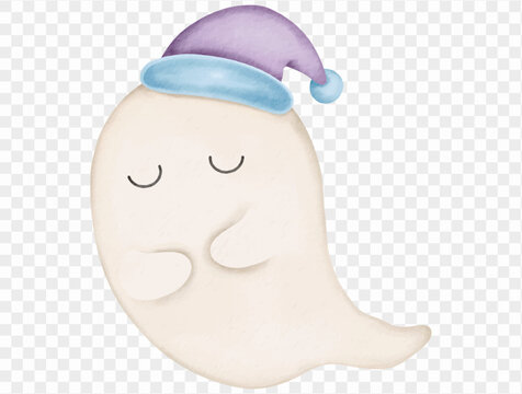 Sleeping ghost with night hat watercolor Halloween Vector.