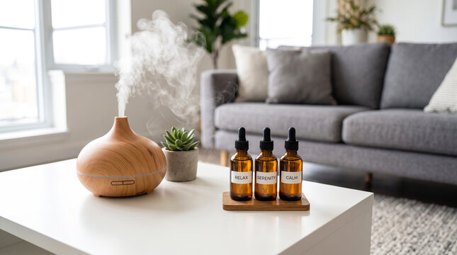 Essential oil diffuser emitting mist with dropper bottles on table, aromatherapy wellness and stress relief