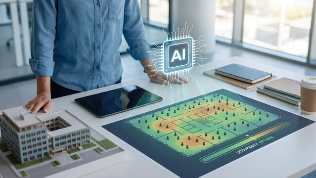 AI smart building occupancy analytics and workplace space planning concept, man at table with office building model, tablet and floor plan heatmap hologram for facility management