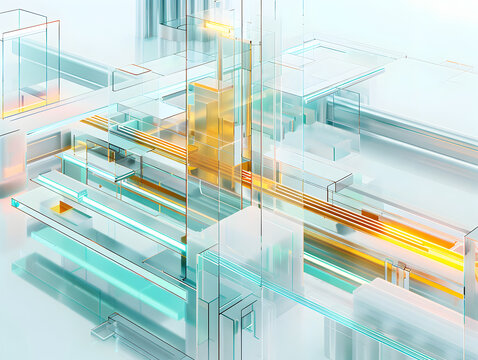Complex network of transparent glass pipelines with glowing golden data circuits and orange energy flow, tech concept, 3d render