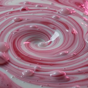Swirling creamy pink and white substances create a sweet confectionery pattern ideal for dessert and candy concepts.