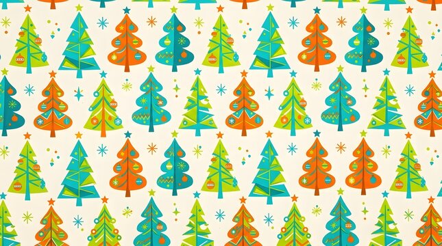 Colorful stylized christmas trees form a vibrant seamless pattern for holiday designs