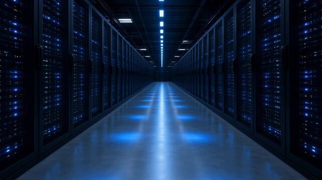 Modern Data Center Corridor With Illuminated Blue LED Lights and Rows of Servers