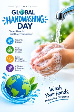 Global handwashing day poster with hands washing