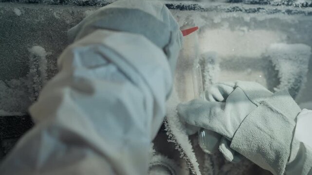 Gloved hands retrieve frozen cryogenic vial, closeup of freezer interior with frost layers, redcapped sample handled with steady precision by lab technician in protective sleeve, sterile yet desolate