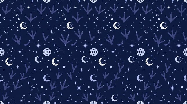 Seamless Owl Claw Moon Star Pattern Indigo Midnight Mystical Vector
