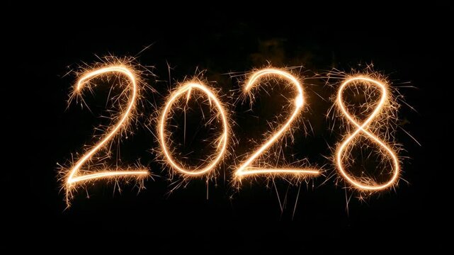Fireworks create the number 2028 in bright sparks during a celebration in the night sky. A festive atmosphere is present.