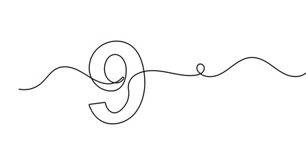 Obraz premium Number 9 line art depicting a continuous single line drawing of digit nine. Features editable stroke vector.
