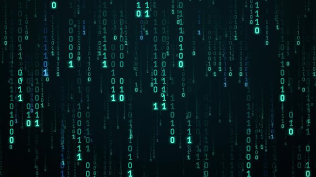 Futuristic Digital Data Stream Background Featuring Cascading Binary Code Patterns in Glowing Teal and Deep Dark Blue Tones