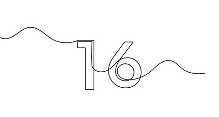 Obraz premium Number 16 line art depicting a continuous single line drawing of digits. Features editable stroke vector.