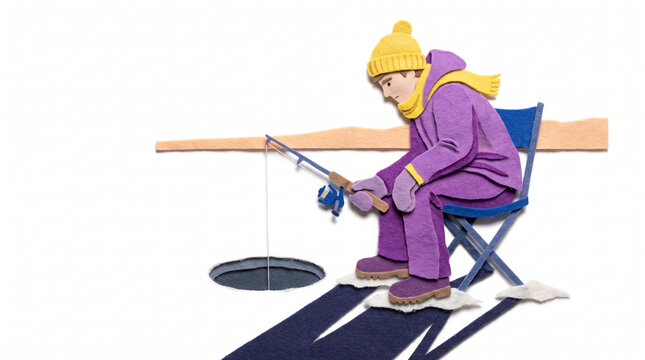 Young man ice fishing while sitting on a chair over a frozen lake  