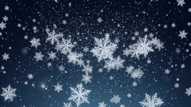 Falling snowflakes against dark blue background