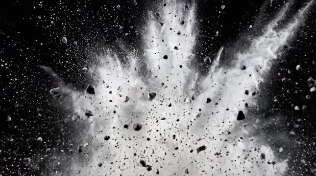 Explosion of white powder and dark debris in slow motion