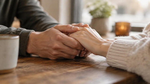 Close-up of a couple holding hands across a cafe table, sharing comfort and emotional support