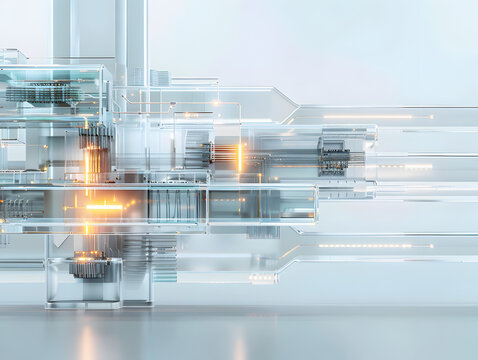 Industrial high tech laboratory interior with advanced cleanroom piping and blue neon lighting, future technology asset, 3d render