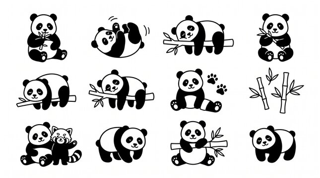 Cute panda icon collection featuring playful poses, bamboo elements, paw prints, wildlife characters, minimalist outline illustrations.