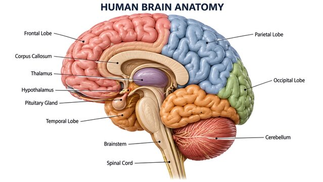 A detailed educational medical illustration showcasing the anatomy of the human brain with clearly labeled lobes and parts for science study