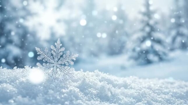 Single snowflake falling on snow in winter forest