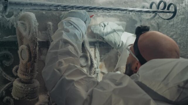 Hazmat researcher inspects frosted freezer vial, wide perspective reveals protective suit, goggles, and bald head silhouette leaning into icescarred compartment, methodical sampling and evidence