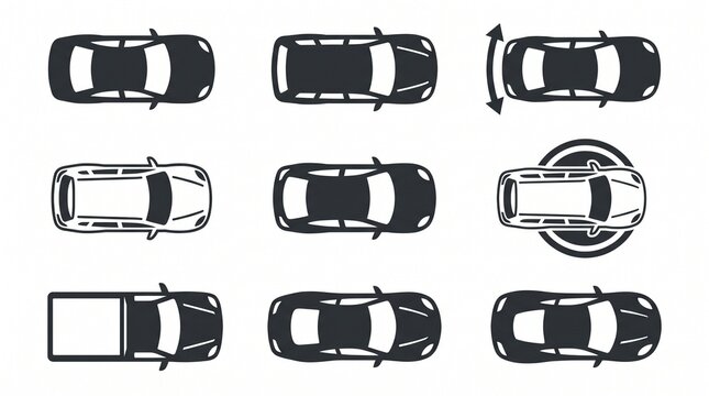 Car top view icon collection featuring multiple vehicle orientations, automobile silhouettes, transportation graphics, minimalist vector illustrations.