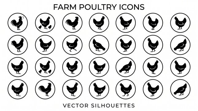 Rooster and chicken icon collection featuring farm poultry silhouettes, standing poses, livestock symbols, minimalist vector illustrations.