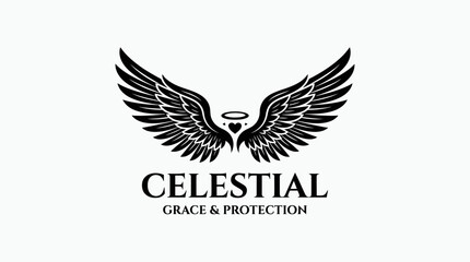 Fototapeta premium Elegant black and white logo featuring stylized angel wings with a halo and heart, accompanied by the text 'CELESTIAL GRACE & PROTECTION'.