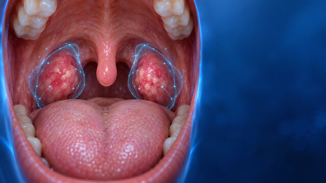 Tonsillitis in Palatine Tonsils With AI-Assisted Planning Overlay, Photorealistic ENT Healthcare Technology View of Inflamed Throat Anatomy With Clinical Interface for Medical and Patient Education