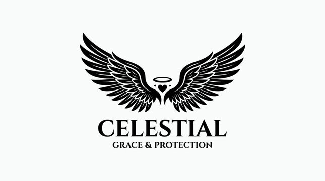 Elegant black and white logo featuring stylized angel wings with a halo and heart, accompanied by the text 'CELESTIAL GRACE & PROTECTION'.