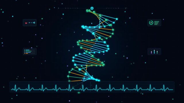 Rotating DNA Double Helix Animation with Futuristic Medical HUD Interface and Heartbeat Waveform