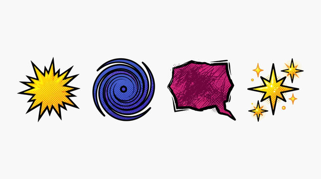 A collection of four distinct graphic icons: a yellow starburst, a blue swirl, a purple speech bubble, and sparkling stars, all with a textured, hand-drawn style.