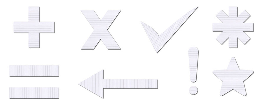Set of lined paper cutout symbols and shapes, Isolated on a transparent background