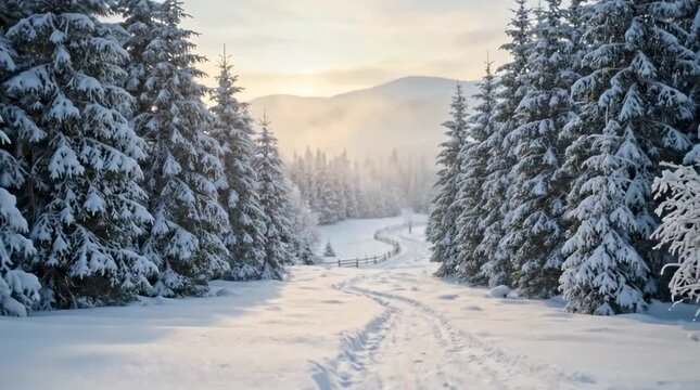 Aerial view of snowy forest path at sunrise