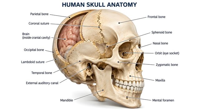 Human skull anatomy diagram showing internal brain structure, cranial cavity, bones, sutures, mandible, and facial features