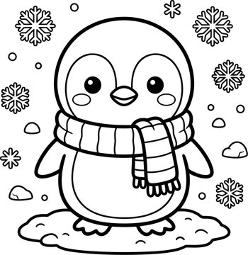 Cute cartoon penguin wearing a cozy winter scarf surrounded by snowflakes for a fun kids coloring page