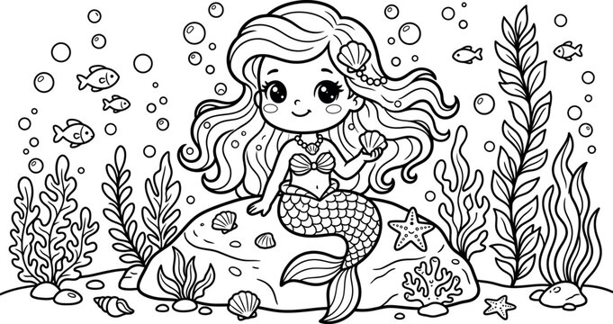 Cute little mermaid sitting on a rock underwater with fish and seaweed for a children coloring page