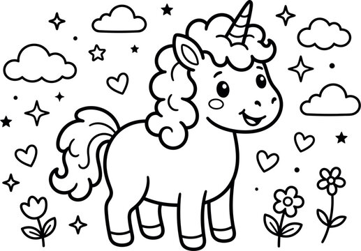 Cute little unicorn coloring page for kids with stars clouds hearts and flowers in black and white
